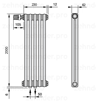 Схема (чертеж) Радиатор Zehnder Charleston 2200/5 №V007 Белый глянцевый RAL 9016